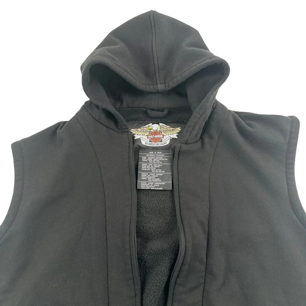 Harley‎ Davidson Mens XL Leather Hooded Vest Black Full Zip Biker RN103819
